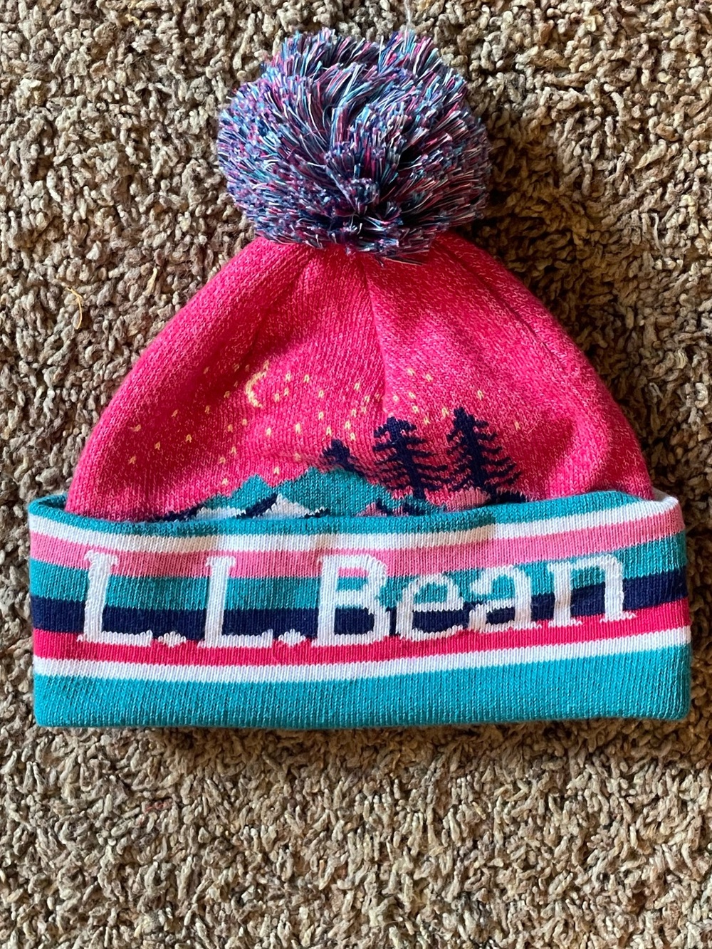 L.L. Bean Kids Bright Pink Beanie with Turquoise Trim and Pom